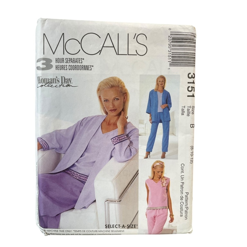 McCALL'S 3151 Misses‎ Jacket Top Pants Skirt Size 8-12 3 Piece Suit Set